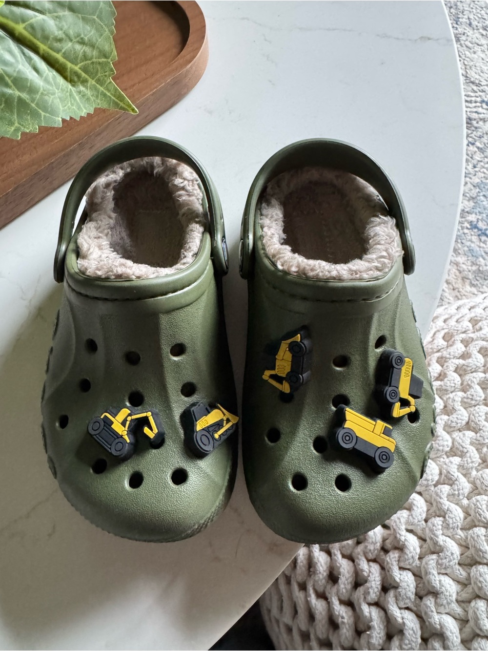 Olive Green Kids Slip-On Fleece-Lined Clogs with Construction Jibbitz